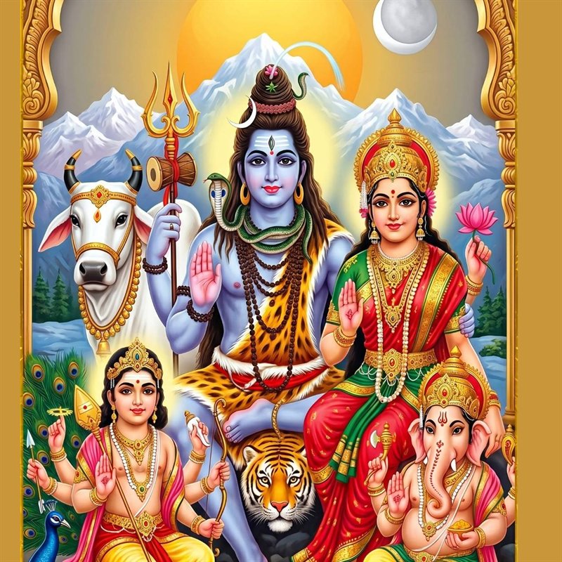 Lord Shiva with Devi Parvati, Ganapathi, Murugan and Nandi